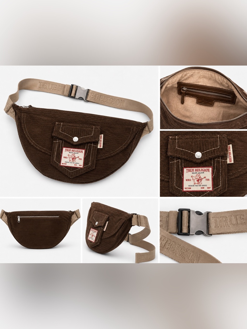 True Religion Chocolate Brown Corduroy Belt Bag with Tan Strap